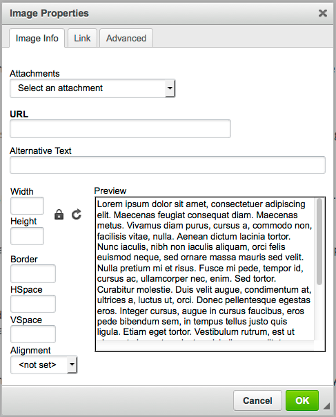 Image properties dialog, with no contents; from CKEditor 4.5.4; border shown.